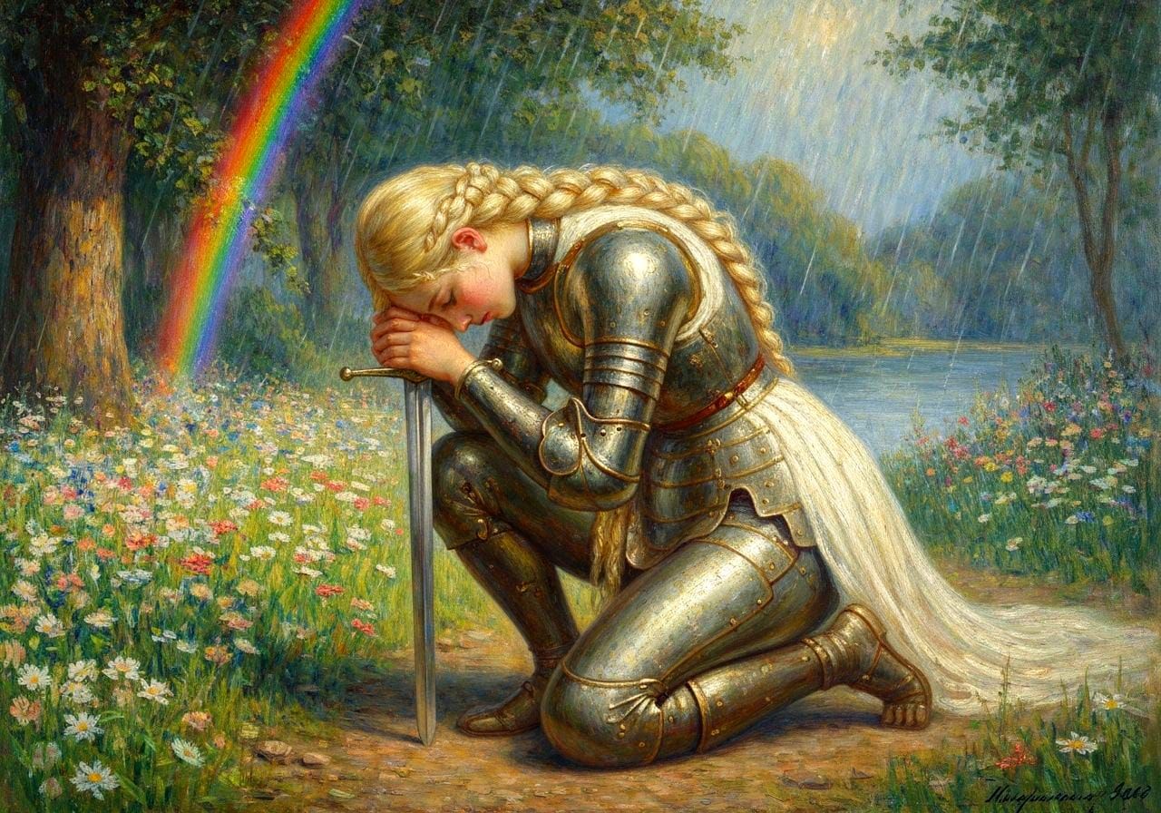 Medieval Knight in Forest Cove as Impressionist Oil Painting