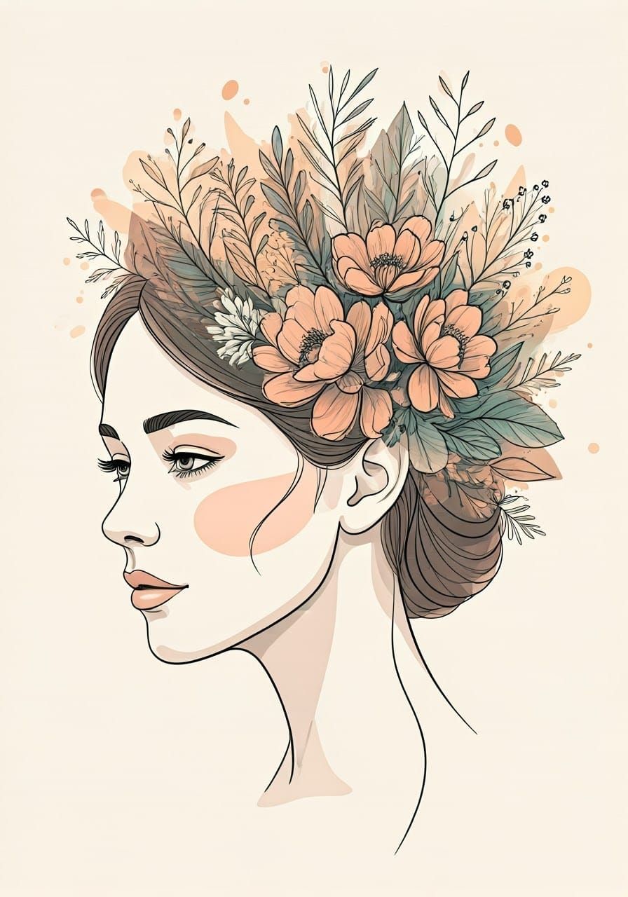 Serene Woman's Face Blends into Whimsical Wildflowers in Wat...