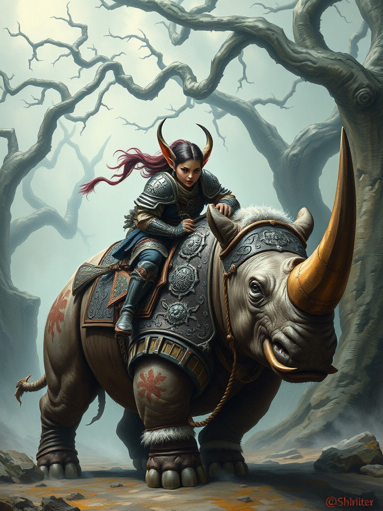 Goblin Warrior on Rhino in Mystical Forest