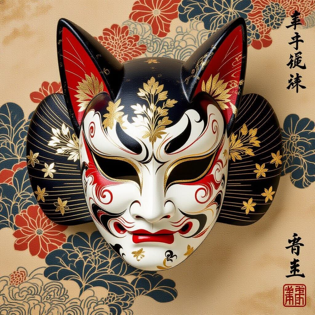 Serene Kitsune Mask with Gold Leaf Accents
