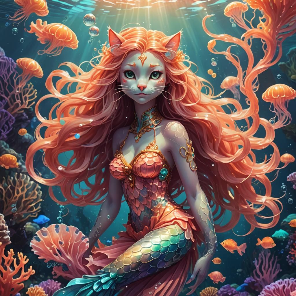 Cat Mermaid Portrait in Vibrant Underwater Concept Art