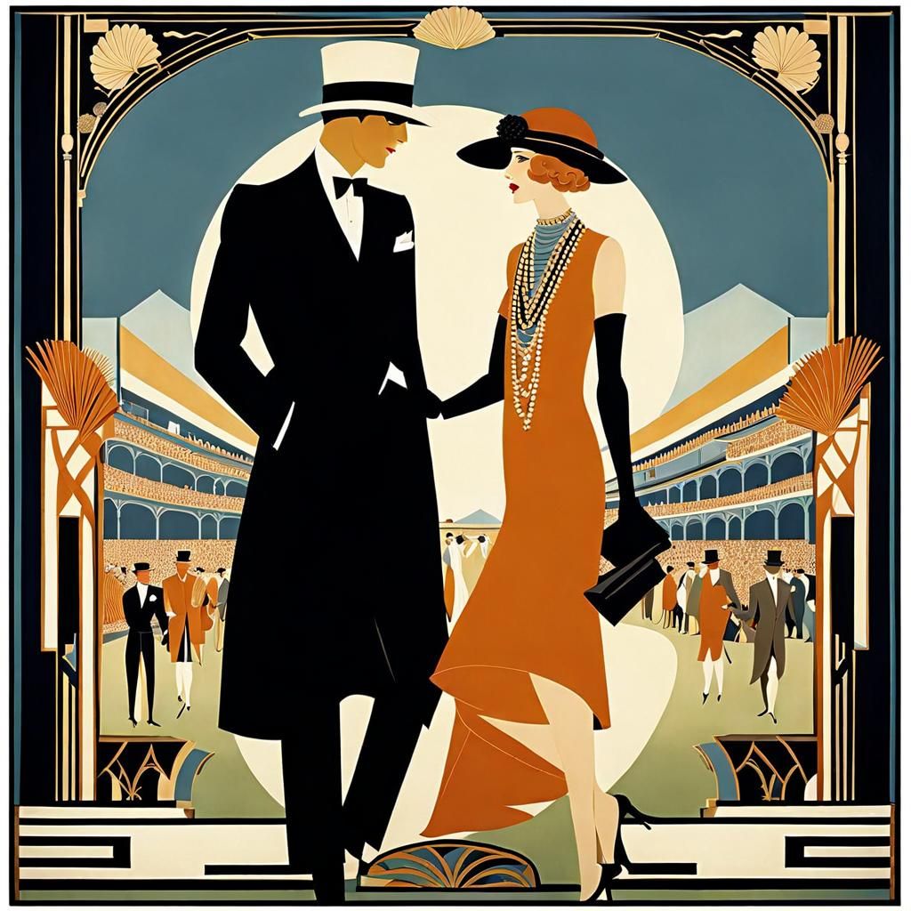 Art Deco Poster of Couple at Horse Races