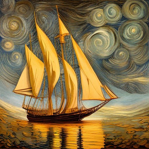 Starry Night Clipper Ship, Impressionist Seascape