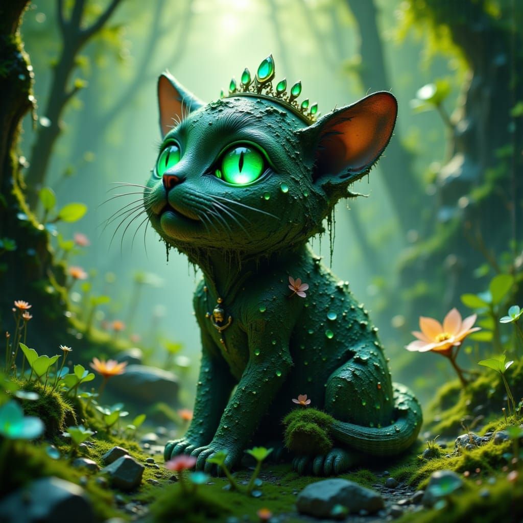 Ancient Stone Kitten Awakens in Enchanted Forest
