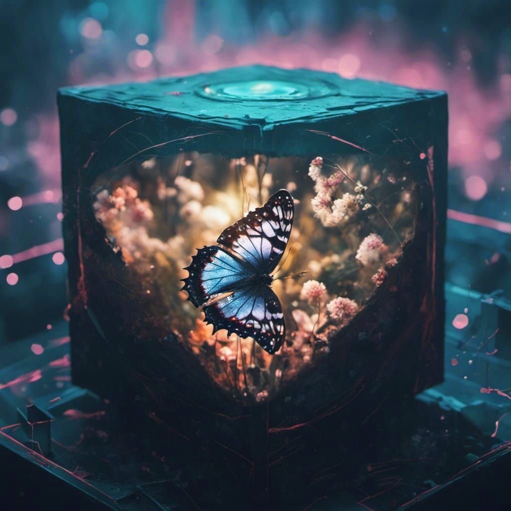 Hyper-Realistic Butterfly in Cube with Cosmic Wings