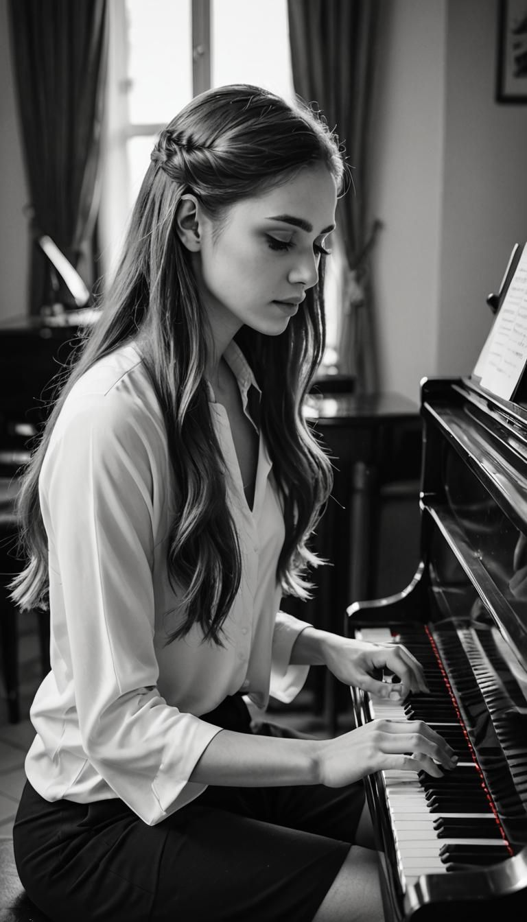 Girl Plays Piano in Black and White