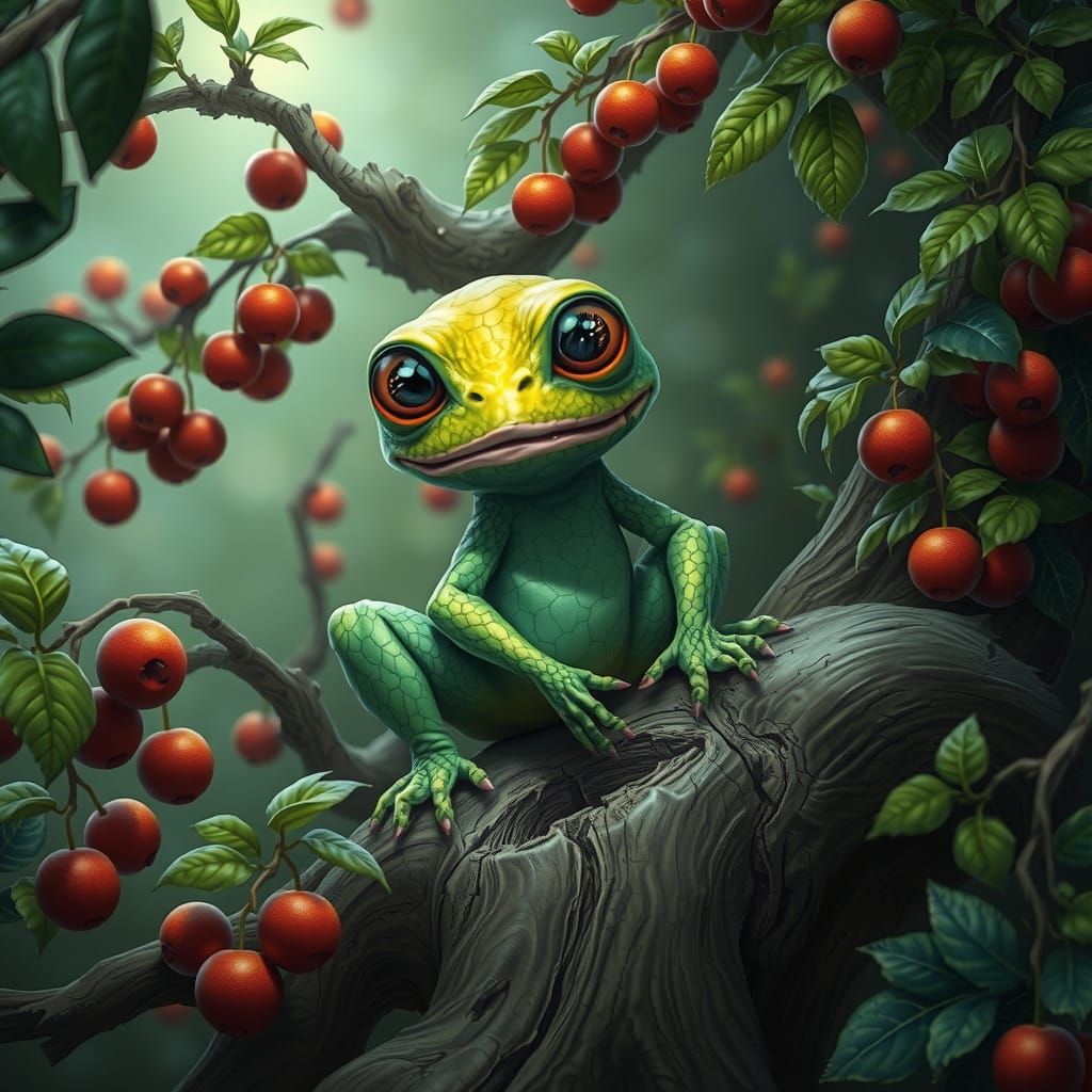 Whimsical Green Creature in Enchanted Forest Setting