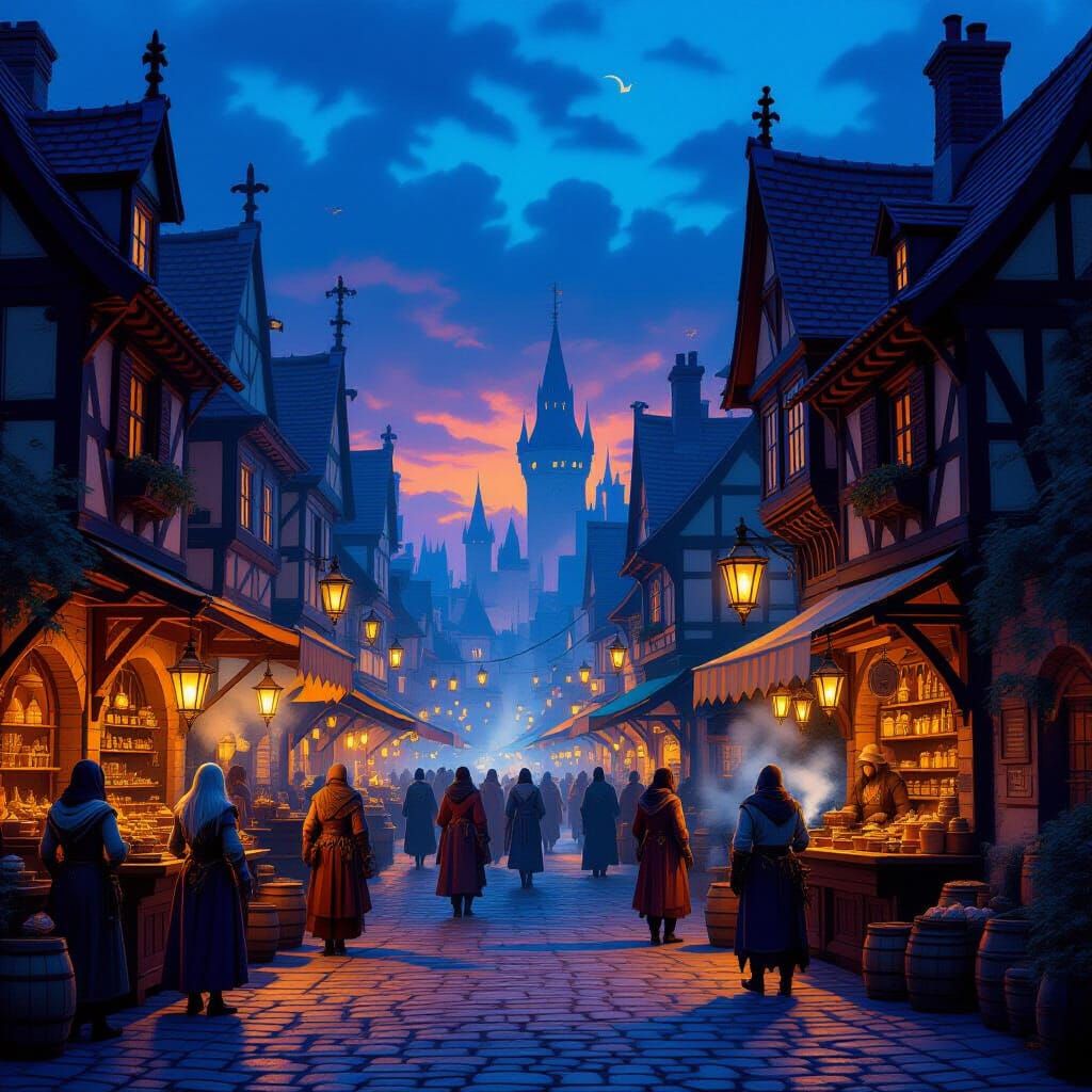Medieval Marketplace at Twilight with Fantasy Creatures