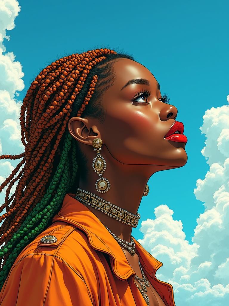 African American Woman with Braided Hair in Comic Book Style
