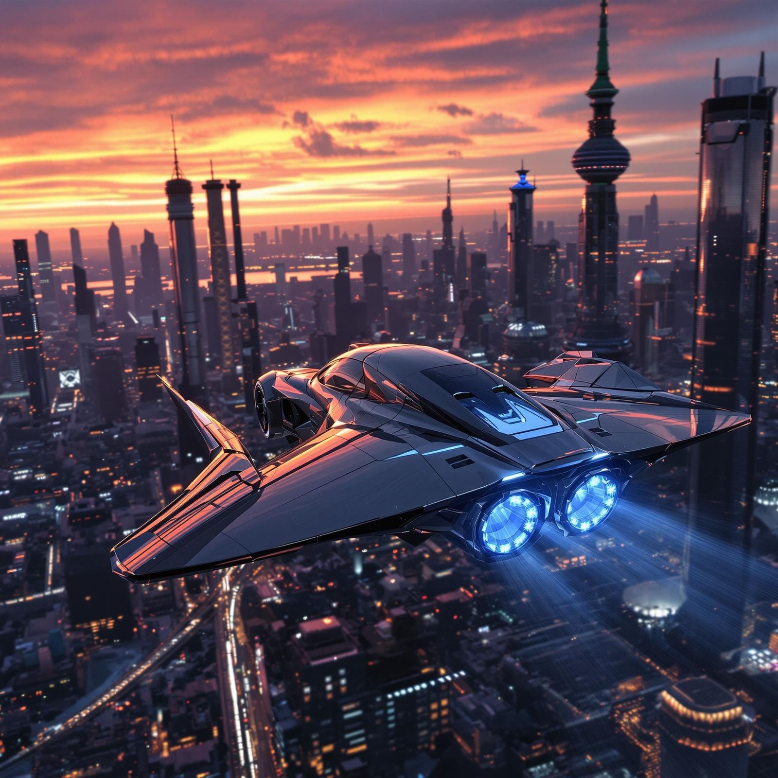Futuristic Flying Car over Dark Cityscape