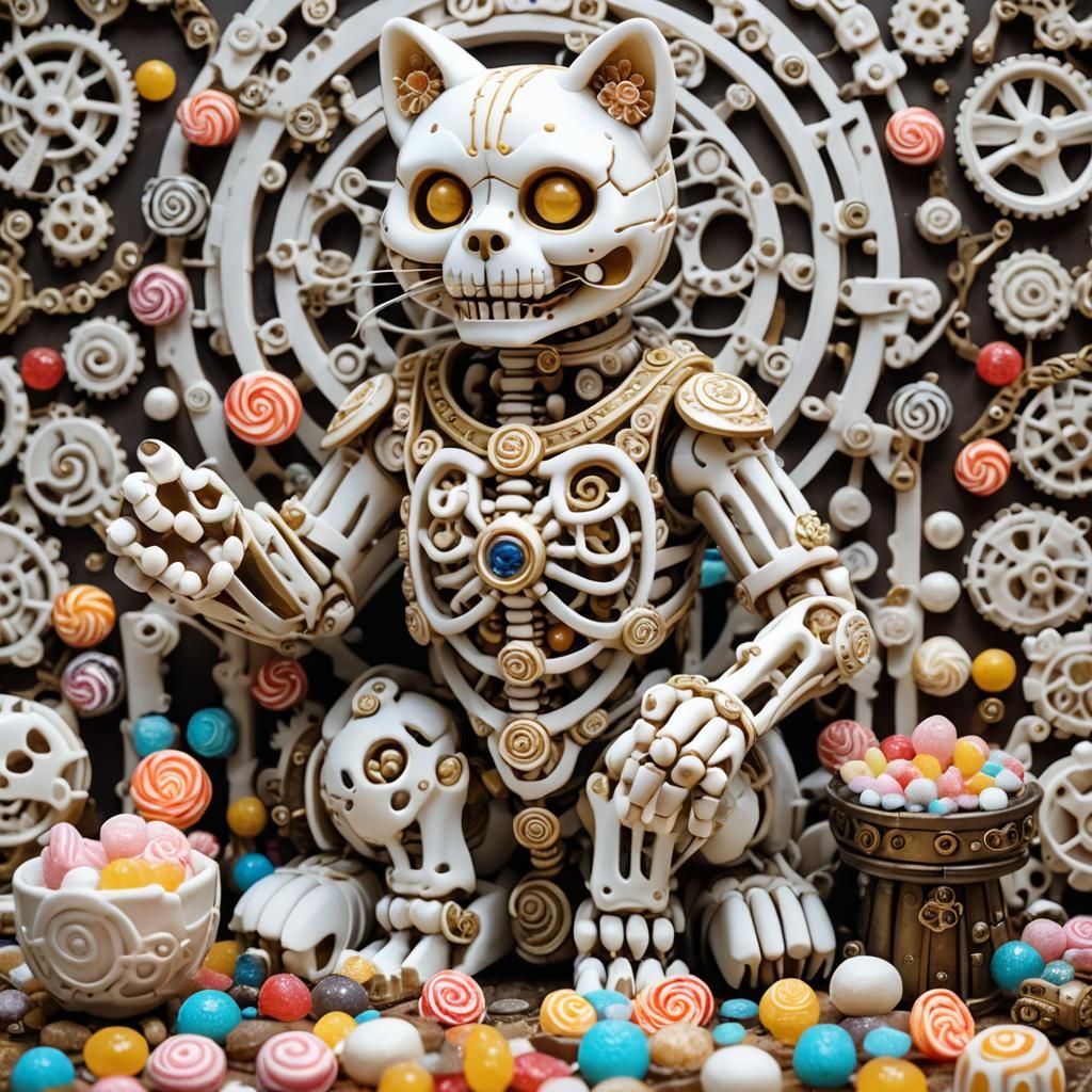 Steampunk Maneki Neko Skeleton Made of Sugar