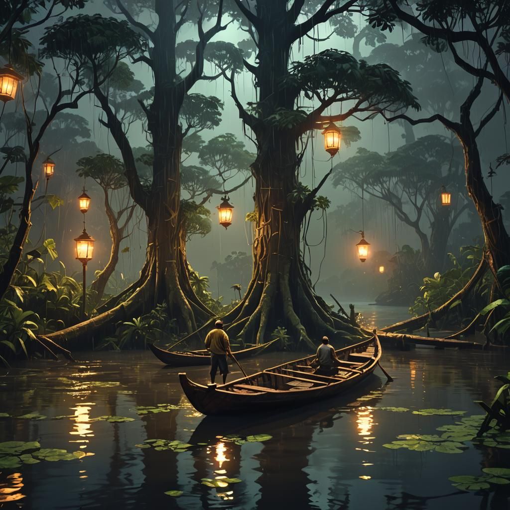 Amazon Boatmen at Night in Low-Poly Style