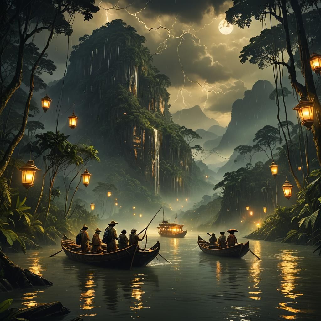 Amazon Boatmen Journey Through Stormy Rainforest