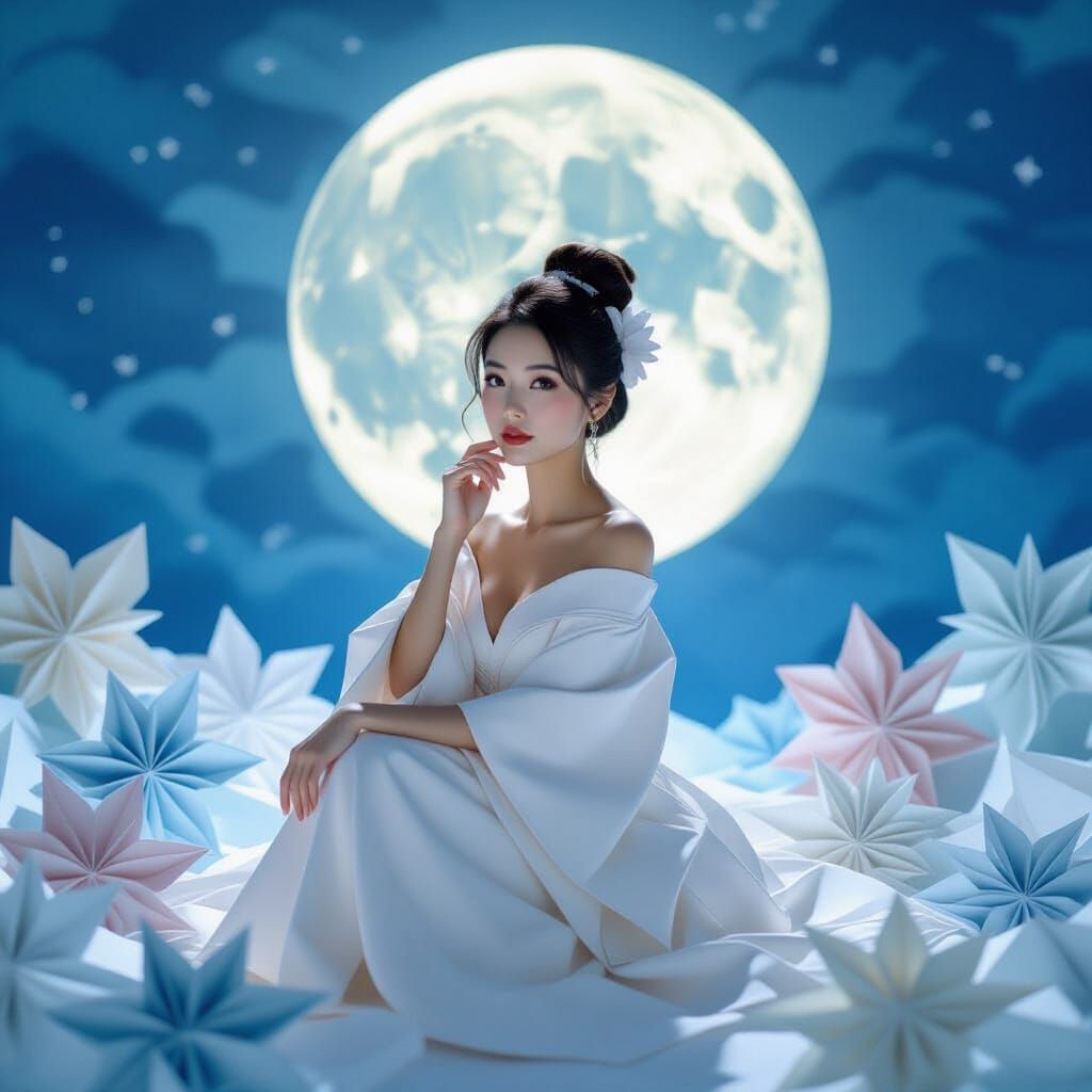 Ethereal Origami Woman in Moonlit Paper Landscape