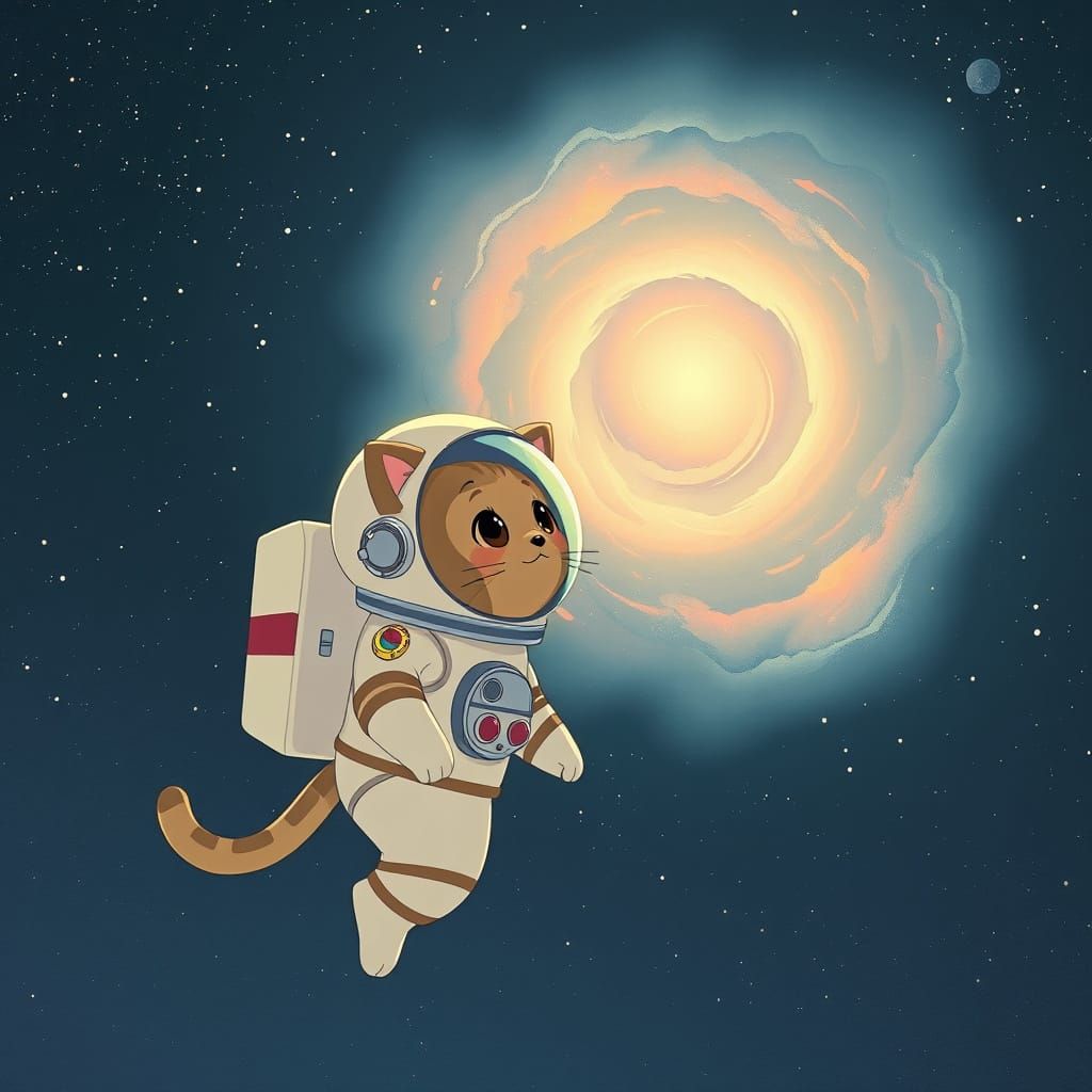 Cute Cat Astronaut Gazes at Swirling Galaxy in Anime Style