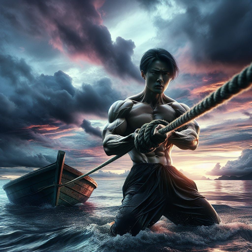 Hyperrealistic Asian Man Drags Boat from Sea at Sunset