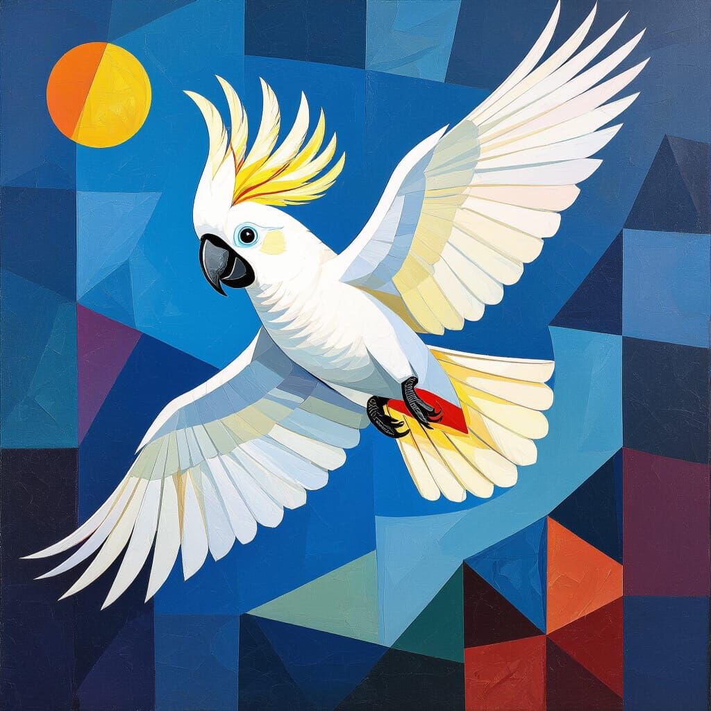 Majestic cockatoo flying through the sky in the style of Pic...