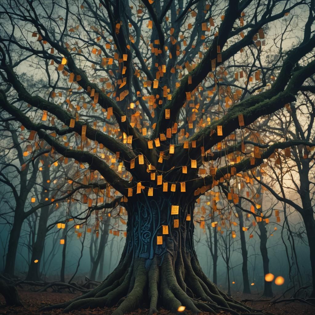 Magic Ticket Tree in Enchanted Forest at Dusk