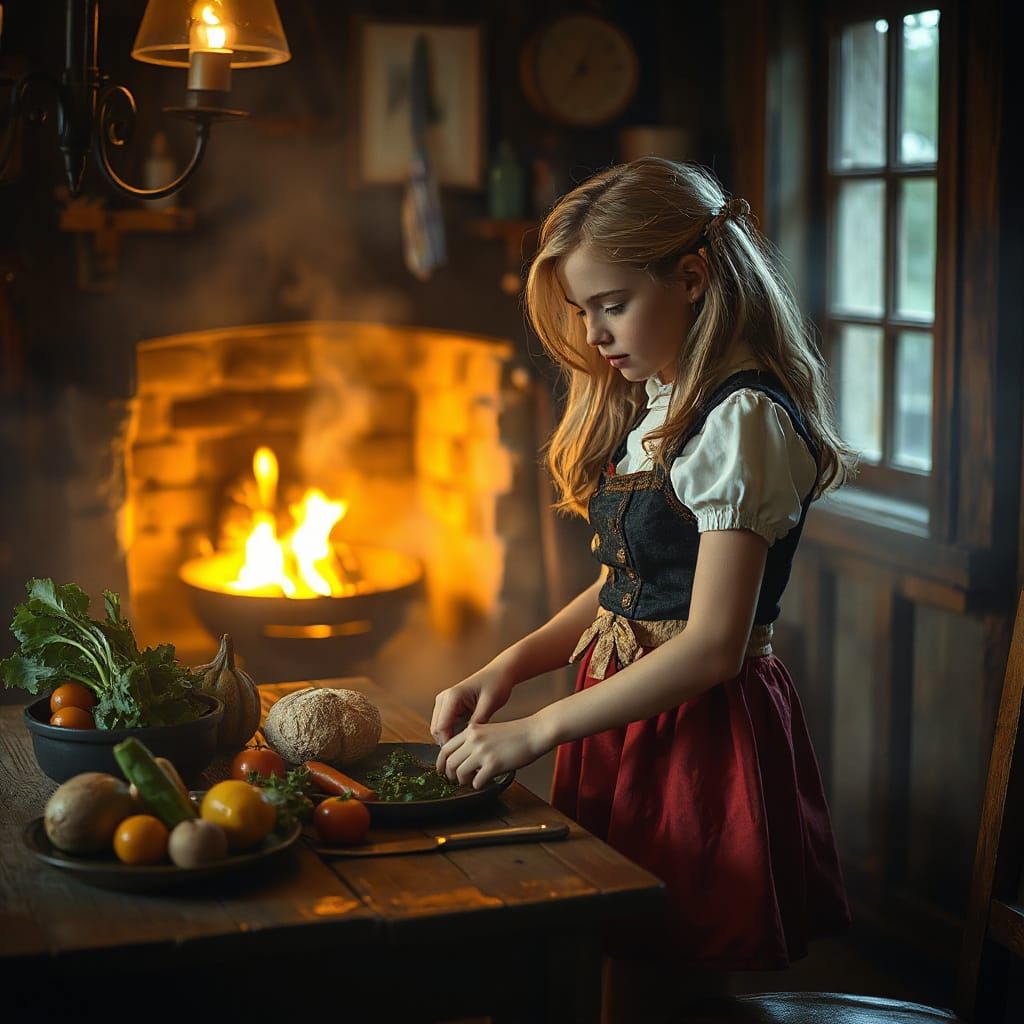 Girl Prepares Dinner in Cozy Medieval Kitchen