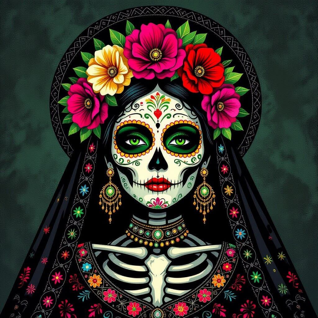 Day of the Dead Catrina in Black Regalia with Green Eyes