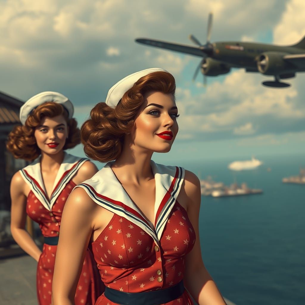 Vintage Pin Up Girls at WW2 Navy Base in Stunning Matte Pain...
