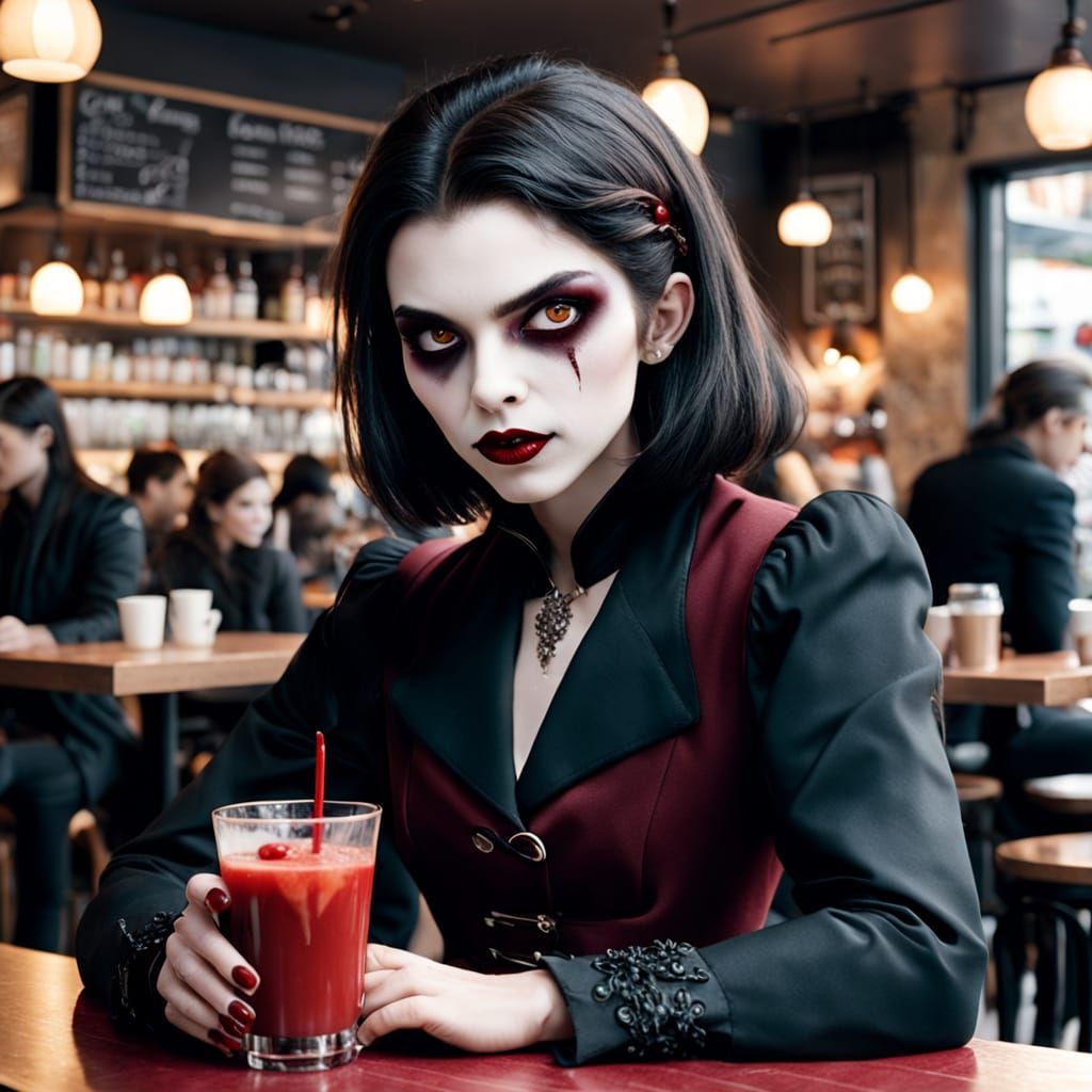 Gothic Vampire Sips Blood at Trendy Café in Dark Art Style