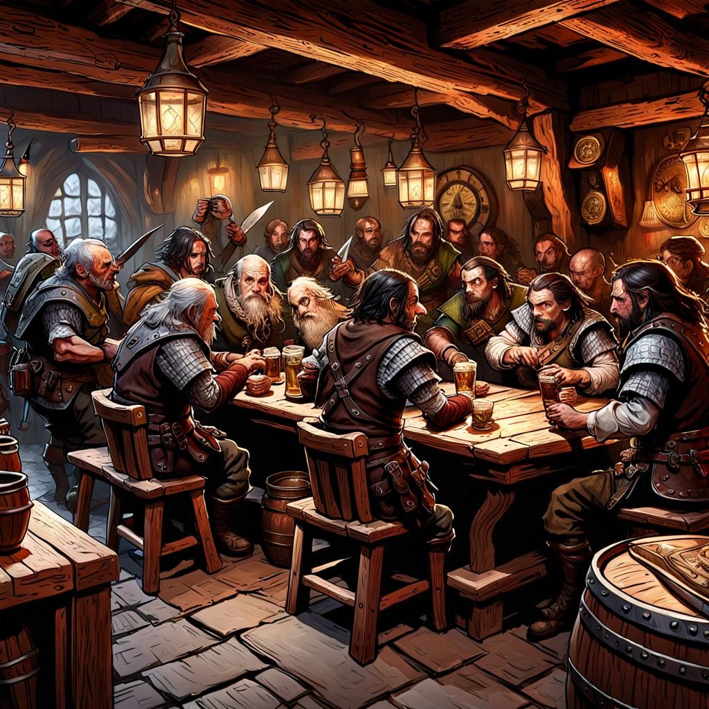 Halfling Rogue Pickpocketing in Crowded Tavern, Hyperrealist...