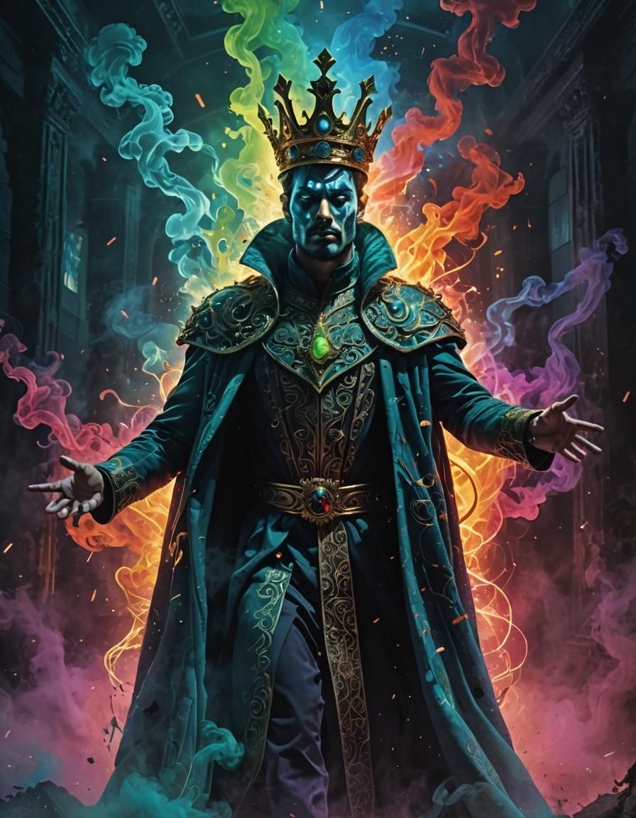 Enigmatic Man in Surreal World with Laser Crown