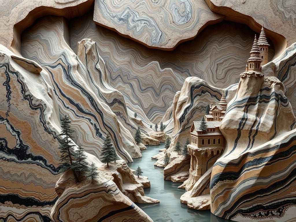 An awe-inspiring landscape carved entirely from Picasso Jasper and Picasso Marble, showcasing the natural beauty of thes...