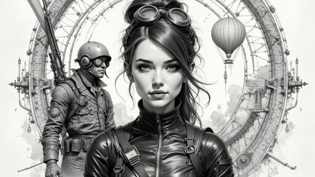 Monochrome Steampunk Woman in Ornate Frame