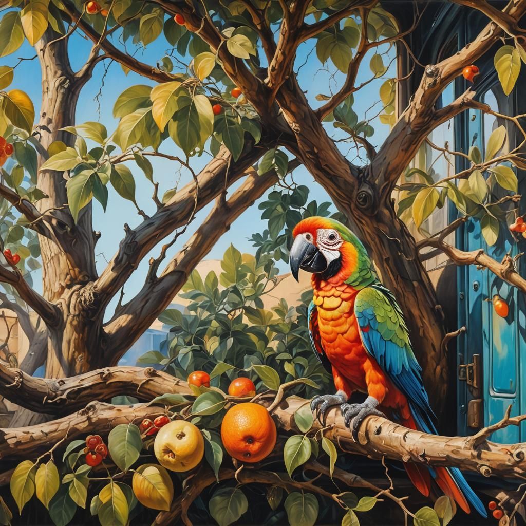 Surreal Parrot in Truck, Oil Painting Style