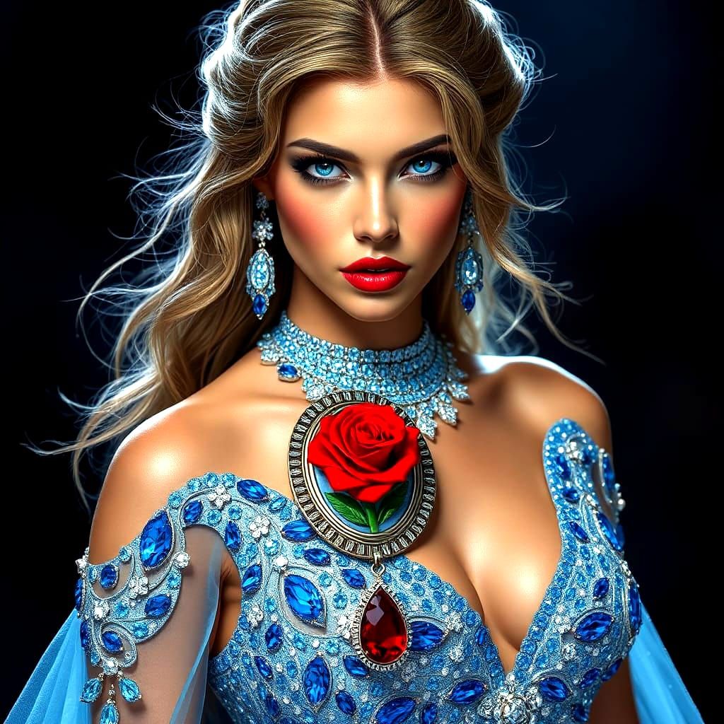 Stunning Woman with Diamond Jewelry and Red Rose