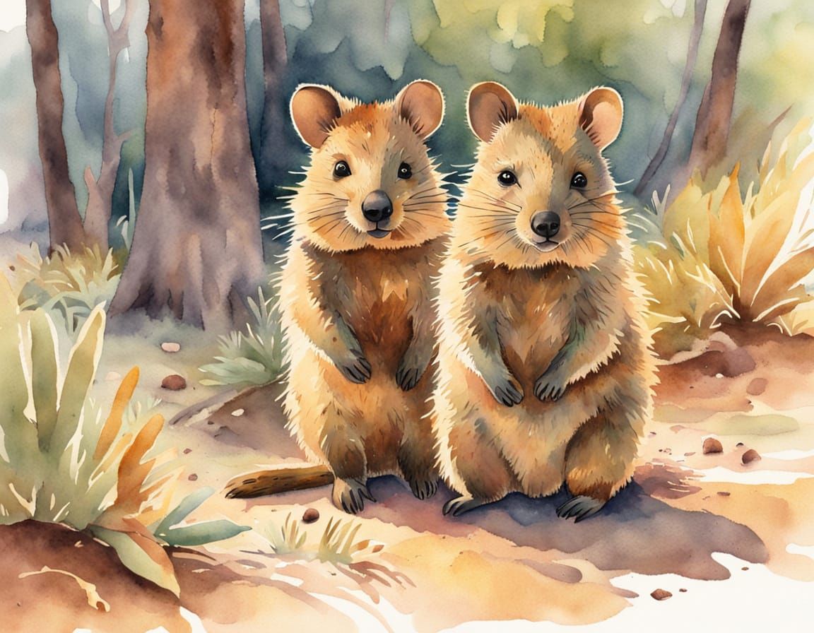 Watercolor Quokkas: Mother and Baby in Sunlight
