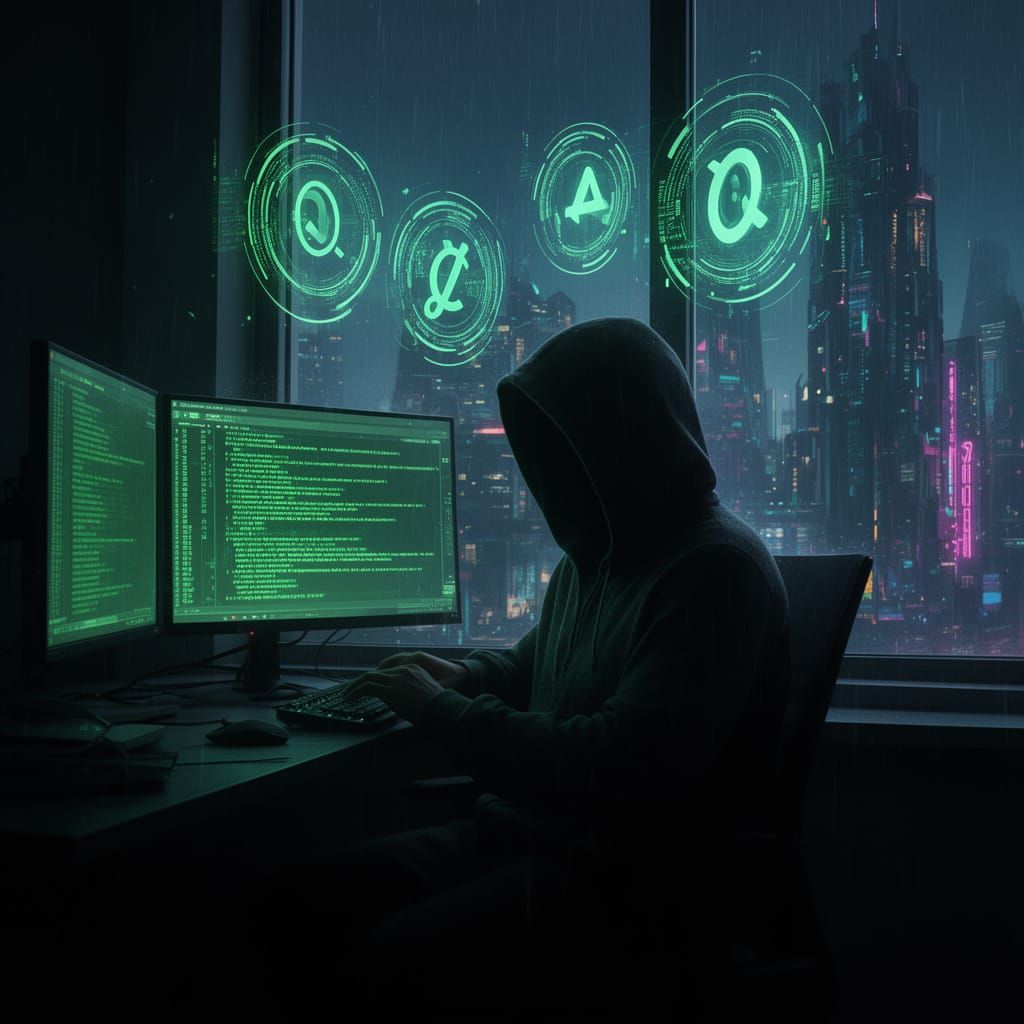 Cyberpunk Hacker in Dark Room with Green Code