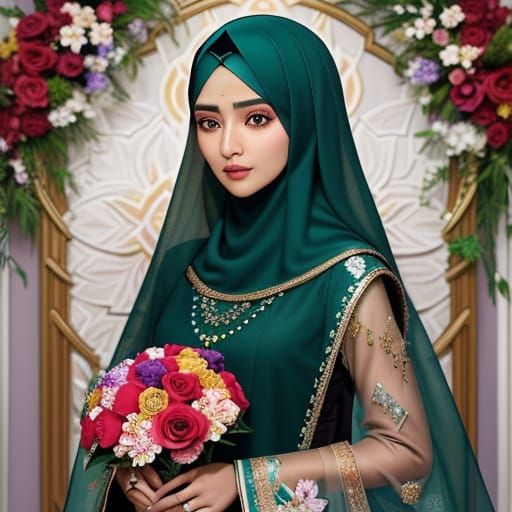 Floral Portrait of Woman in Emerald Hijab