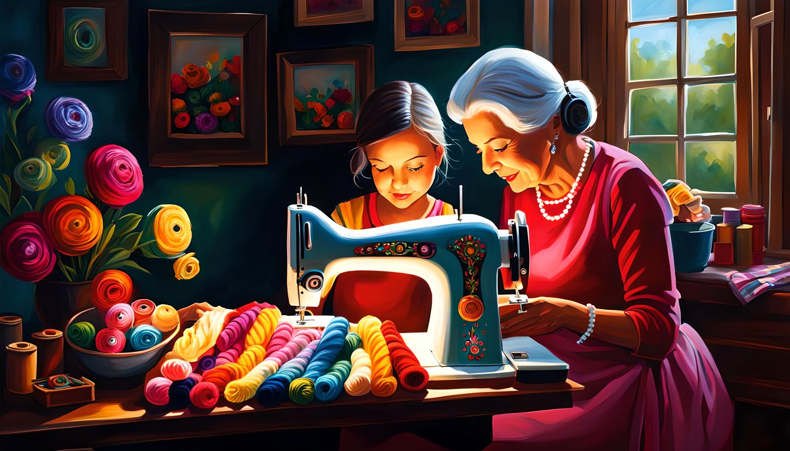 Grandmother and Girl Sewing: Acrylic Painting