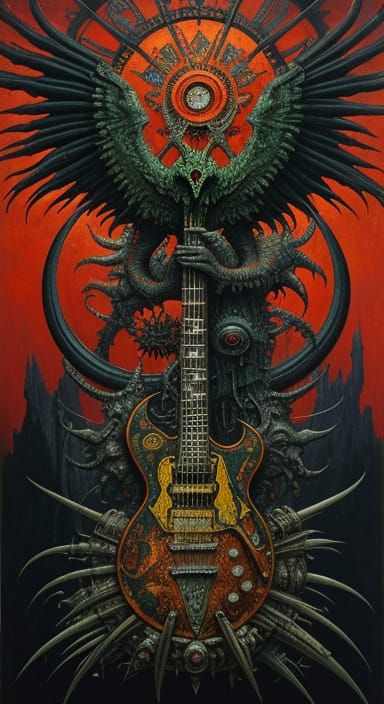 Troglodyte Guitarist in Surreal Boschian Landscape