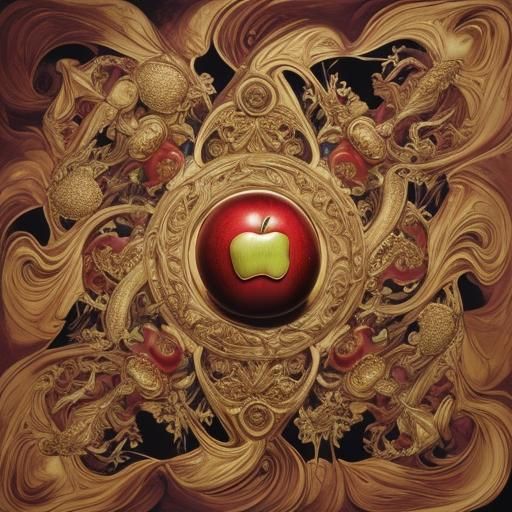 The golden apple in the center of chaos, with goddesses batt...