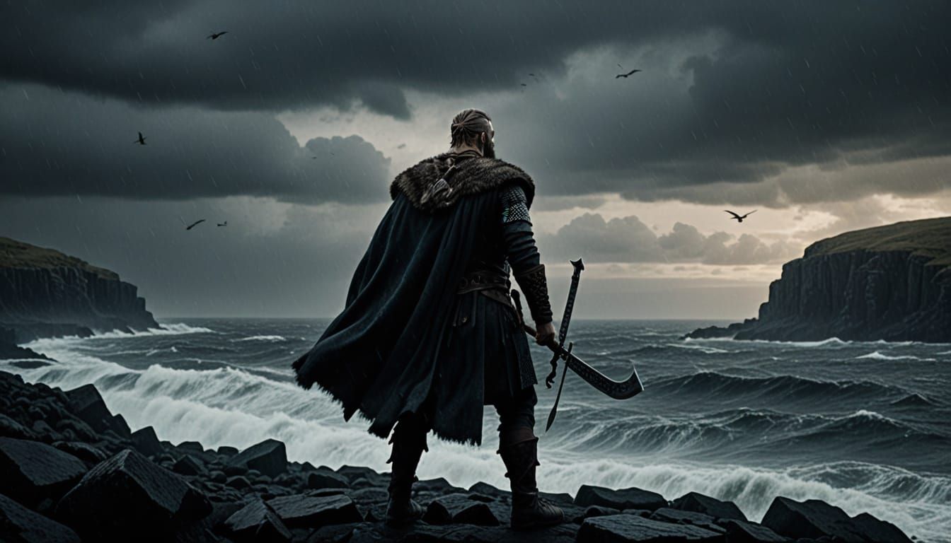 Powerful Viking Warrior Stands on Cliff, Axe and Shield at t...