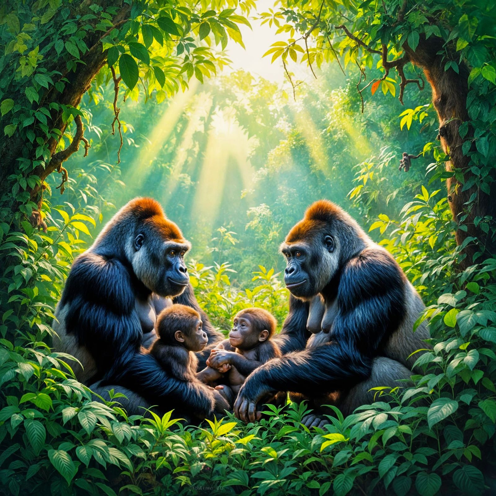 Family of Gorillas Playing Joyfully in a Lush Jungle