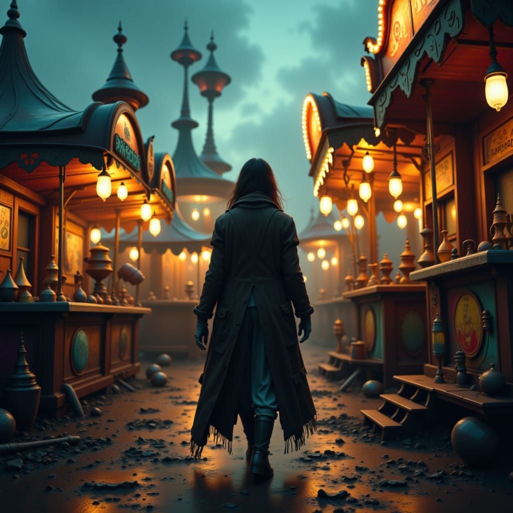 Eerie Woman Wanders Deserted Carnival at Dusk