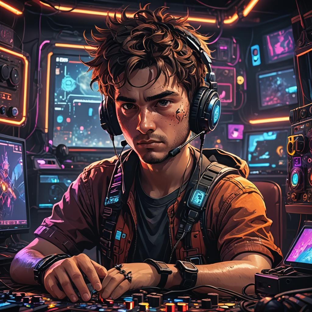 Intense Gamer in Neon-lit Room: Digital Art
