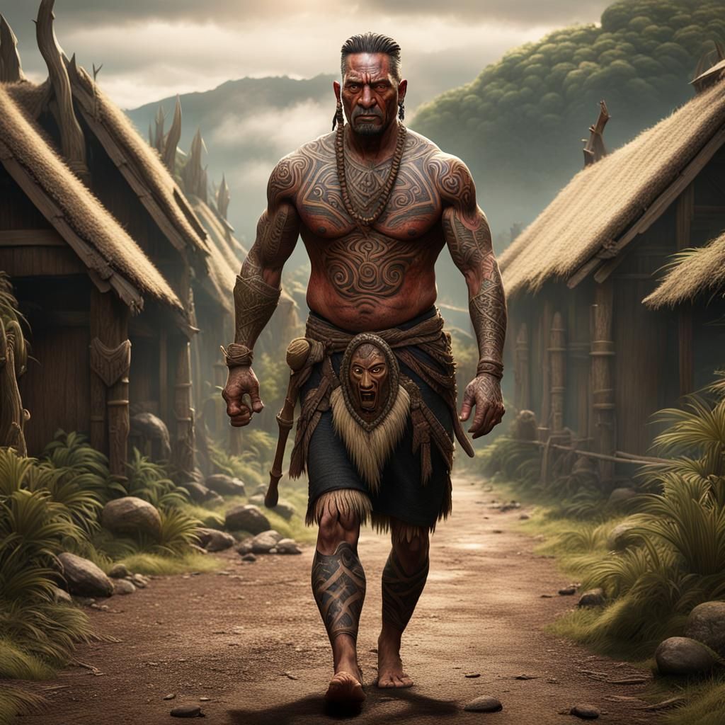 Māori Warrior Leaving Village, as 3D Digital Art