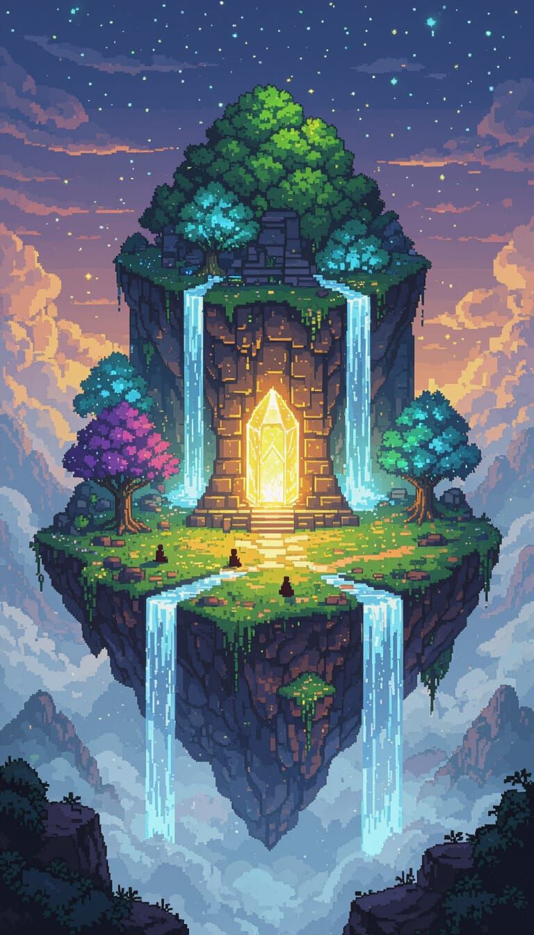 Isometric Floating Island Pixel Art Landscape