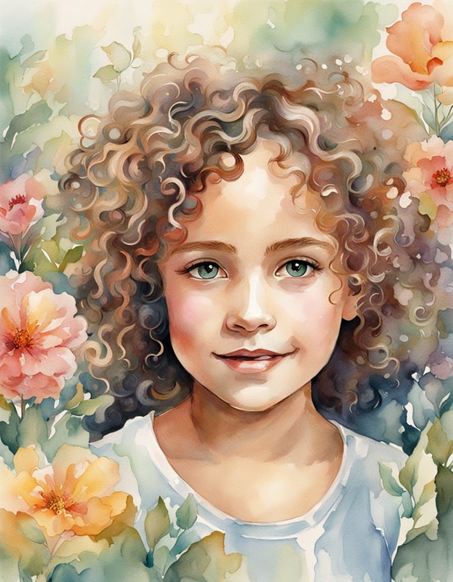 Watercolor Portrait of a Whimsical Young Girl in a Lush Gard...