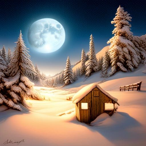 Fantasy Beach Scene with Snowflakes and Full Moon