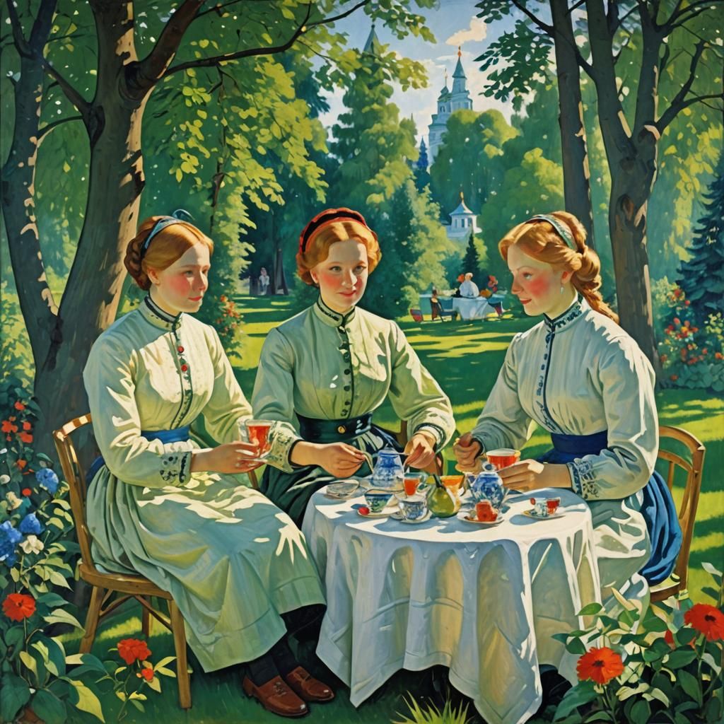 Moscow Family Drinking Tea in Garden Painting