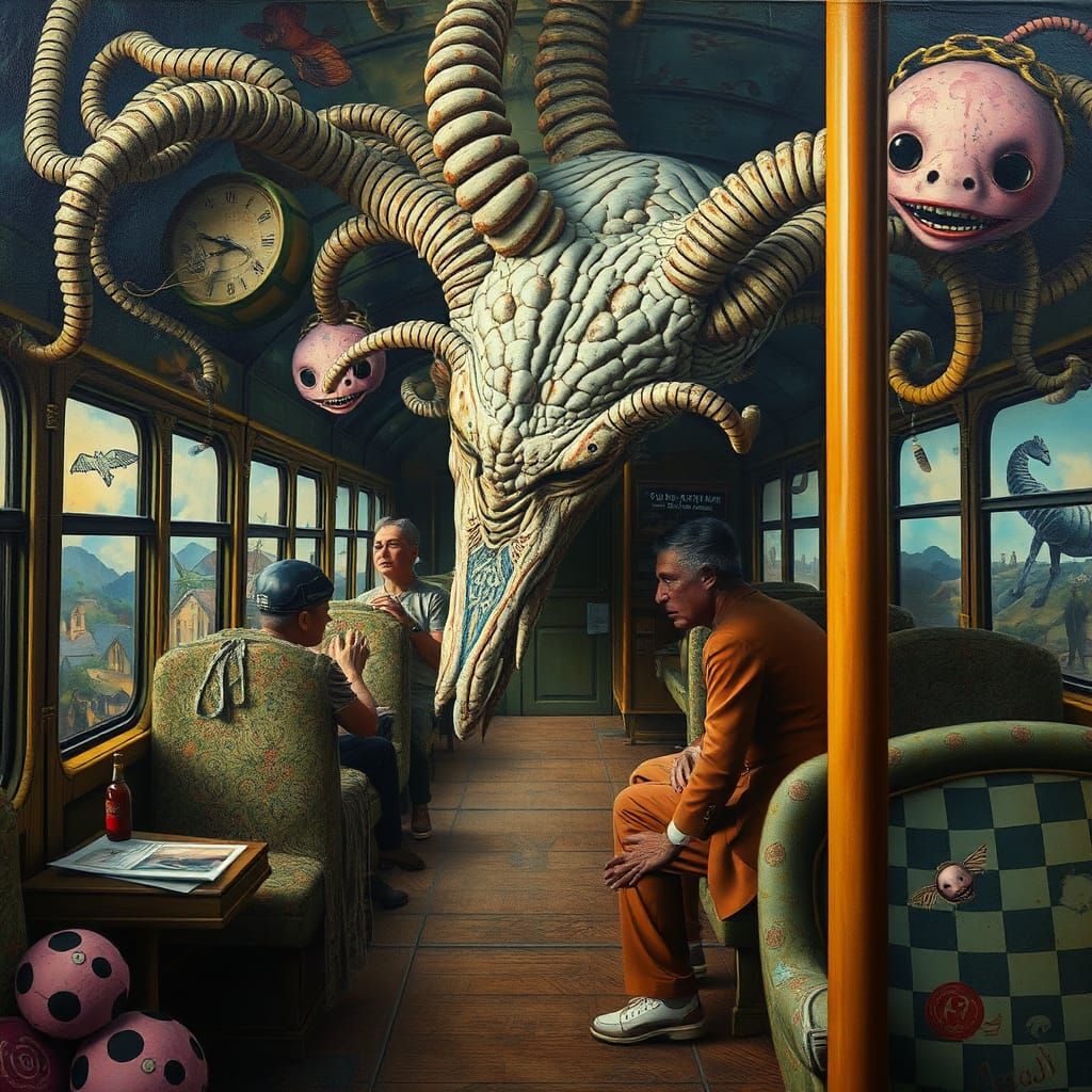 Surreal Bus Journey: A Maximalist Oil Painting