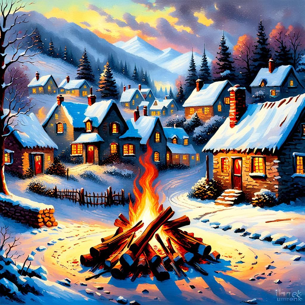 Winter Bonfire in Village: Luminist Painting