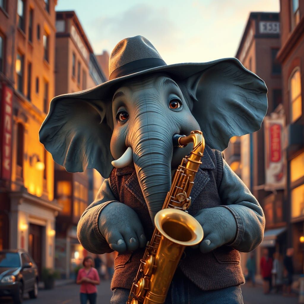 Elephant Saxophonist in Vibrant Cityscape